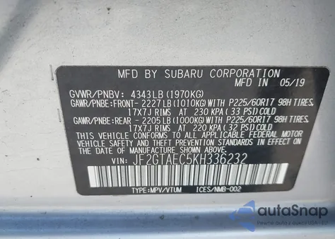 2019 Subaru Crosstrek 2.0I Premium z USA, uszkodzony, nr VIN JF2GTAEC5KH336232